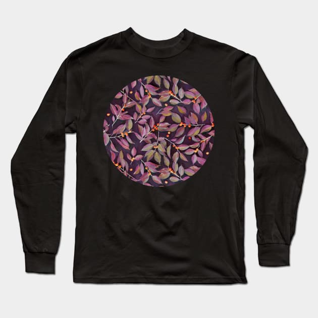 Leaves + Berries in Olive, Plum & Burnt Orange Long Sleeve T-Shirt by micklyn